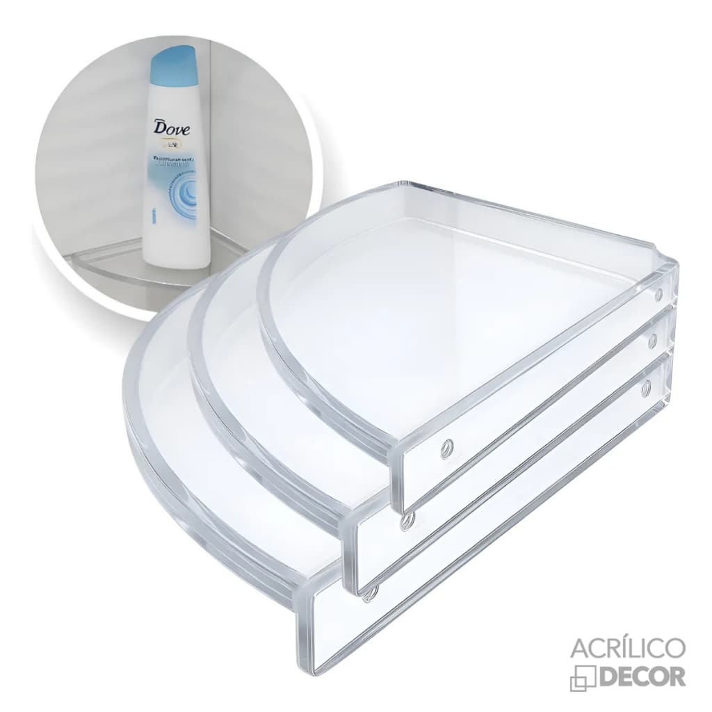 KIT 3 UN Prateleira de Canto Porta Shampoo (Acrílico Cristal 2mm)