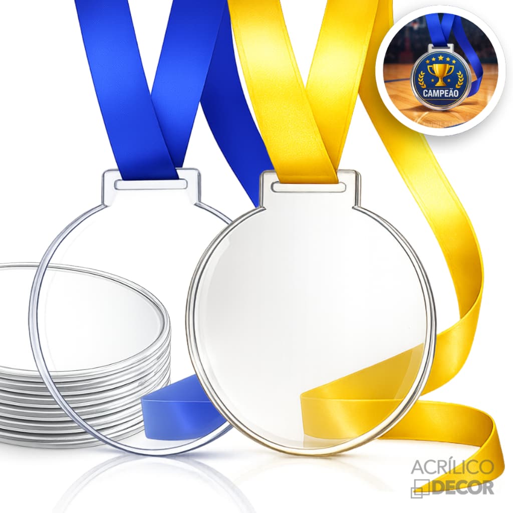 Medalha 5cm 2mm Com Fita Azul KIT 30 UN (Acrílico Cristal 2mm)